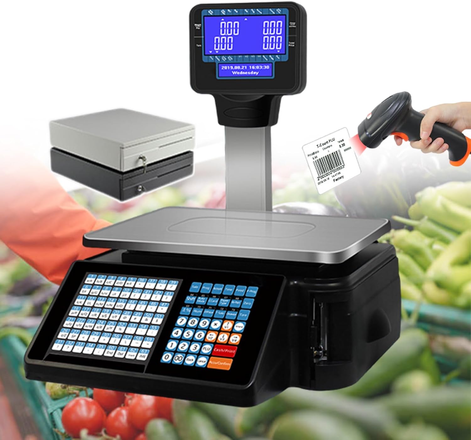 pealiritansemen Label & Receipt Printing Scale, Electronic Barcode Scale Cash Register, Postal Scales with 63 Shortcut Keys, for Supermarkets, Snack Bars, Delicatessens, Vegetable Shops,D