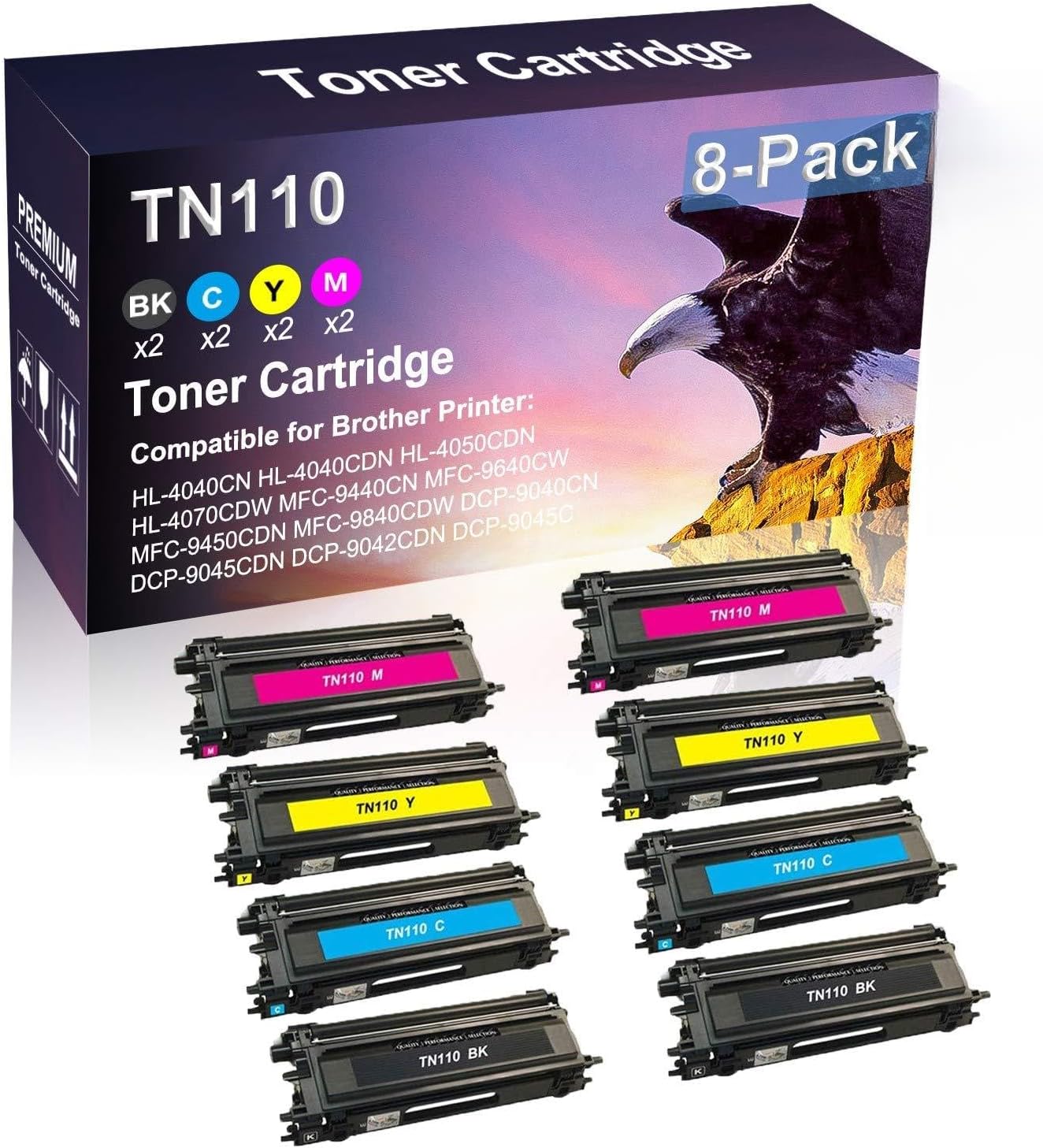 Credibility Store 8 Pack (BK+C+Y+M) Compatible Printer Toner Replacement for TN110 TN110BK TN110C TN110Y TN110M Printer Cartridge use for HL-4040CN HL-4040CDN HL-4050CDN HL-4070CDW Printer