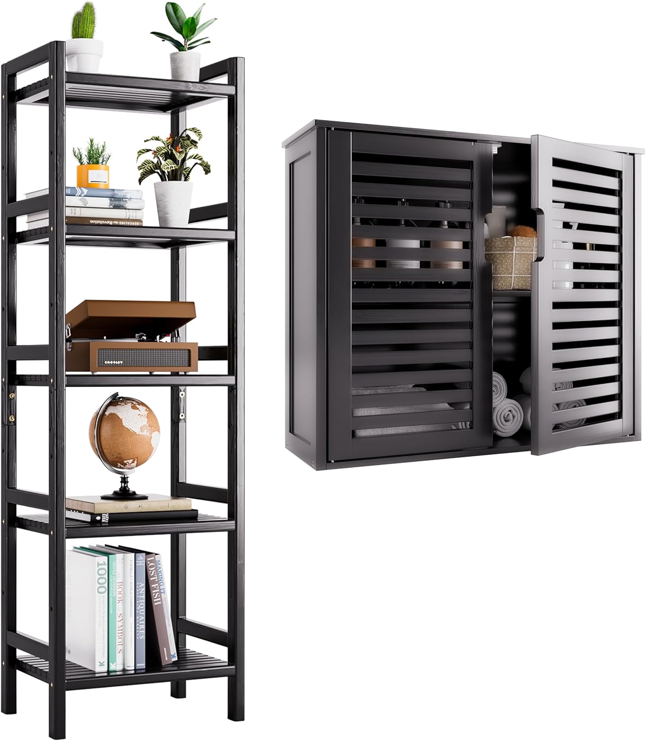 HITNET 5-Tier Bookshelf Bamboo Bookcase Adjustable Open Book Shelf Plant Stand and Bathroom Storage Cabinet with 2 Doors Over The Toilet Wall Mounted Hanging Medicine Cabinet, Black