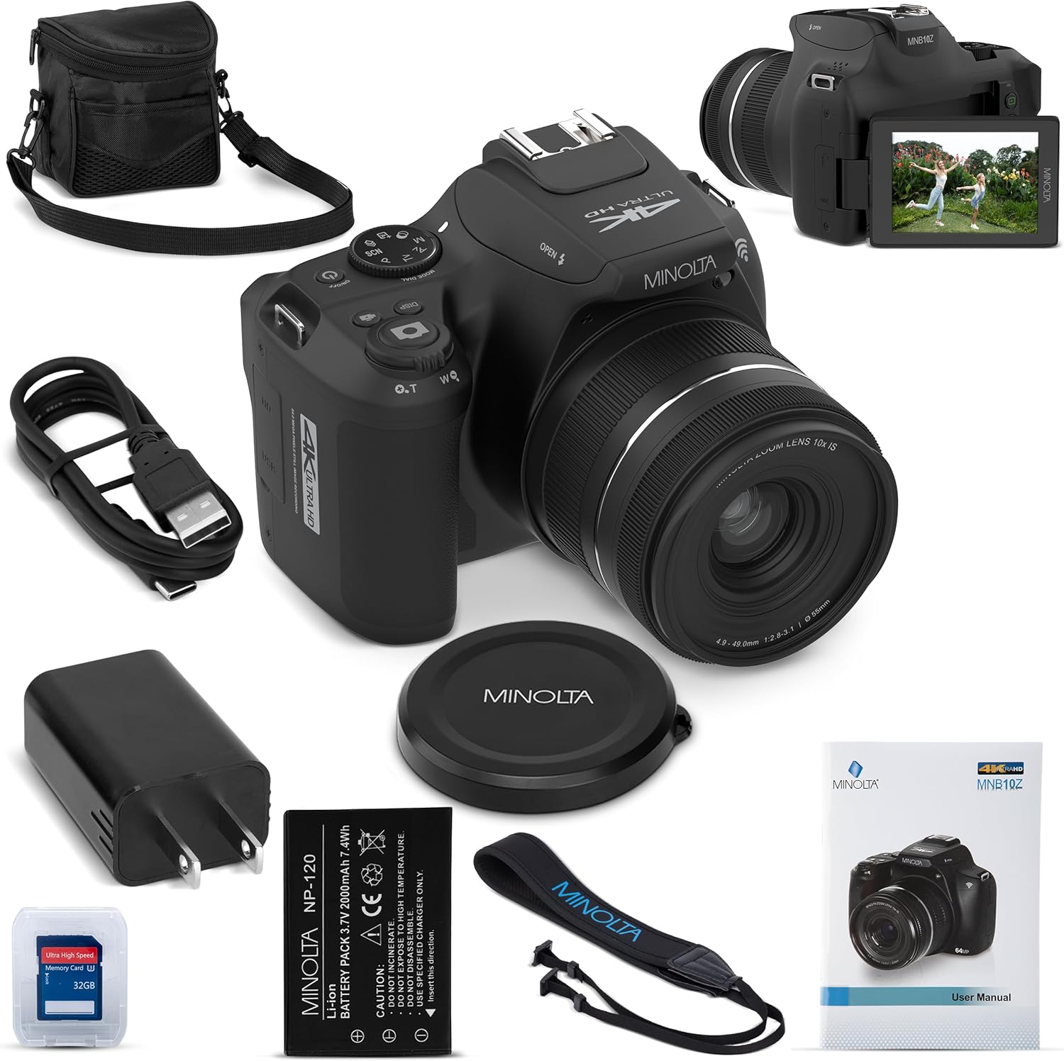 Minolta ProShot 64MP Digital Camera – 10x Optical Zoom, 4K Ultra HD Video, Macro Shooting, Anti-Shake, 3-inch LCD Screen, Face Detection – Includes 32GB SD Card, Battery & Case (Black)