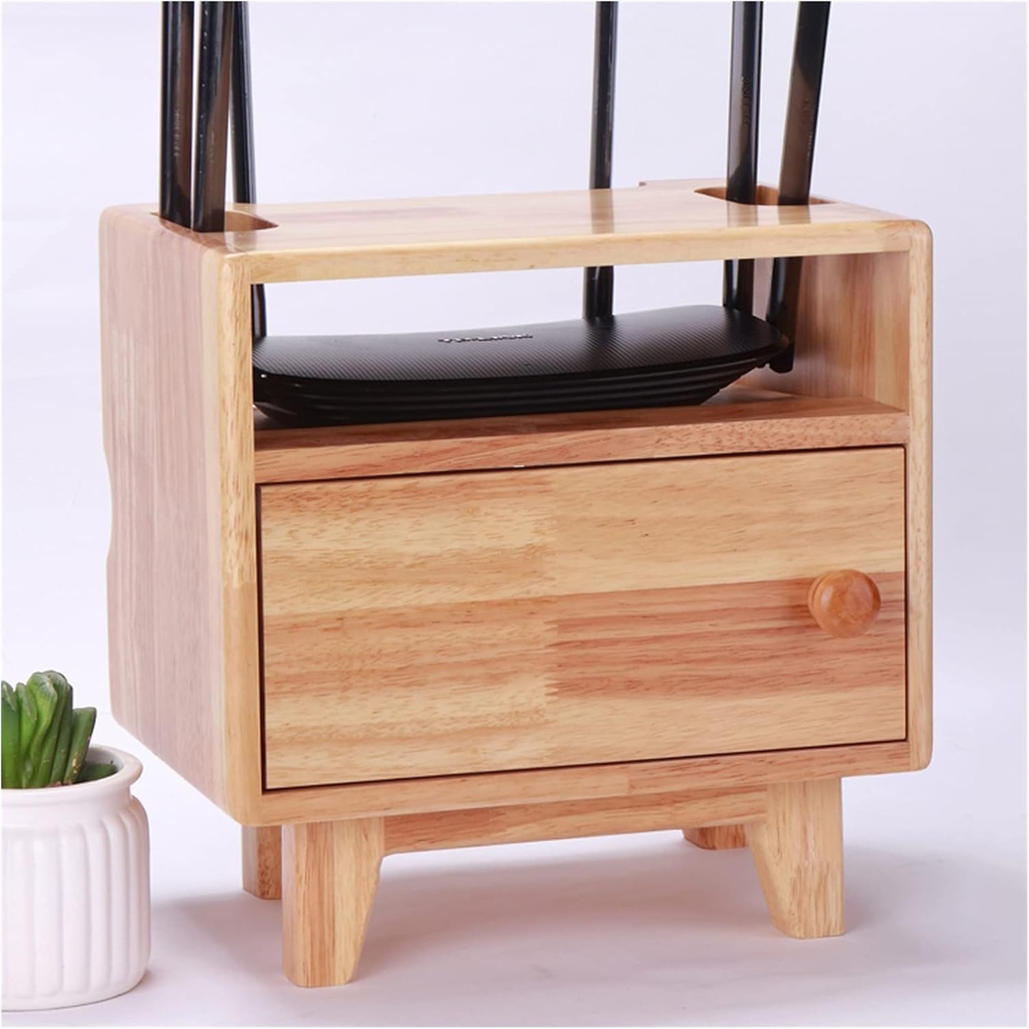 Cable Management Box Wooden Router Storage Boxes Organizer with High Feet Cable Power Plug Storage Box Magnetic Door Stop and Stainless Steel Hinge Cable Cords Organizer Boxes (H Six pole style)