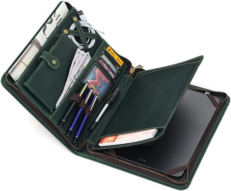 Genuine Leather Portfolio Organizer Padfolio with Zipper for Men Women,Leather Binder Notebook Suitable for 9.8-inch Laptop Legal Pad Padfolio