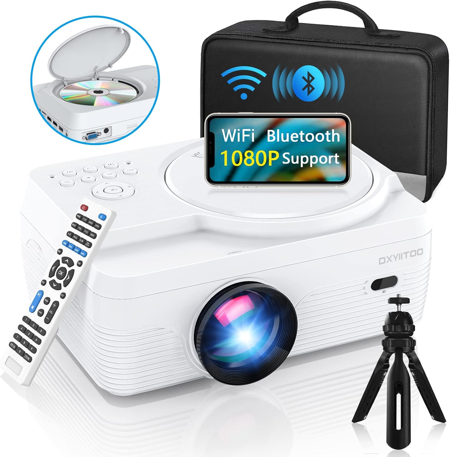 Full HD WiFi Bluetooth Projector Built in DVD Player, 12000LM 1080P Supported, Portable Mini DVD Projector for Outdoor Movies, 250