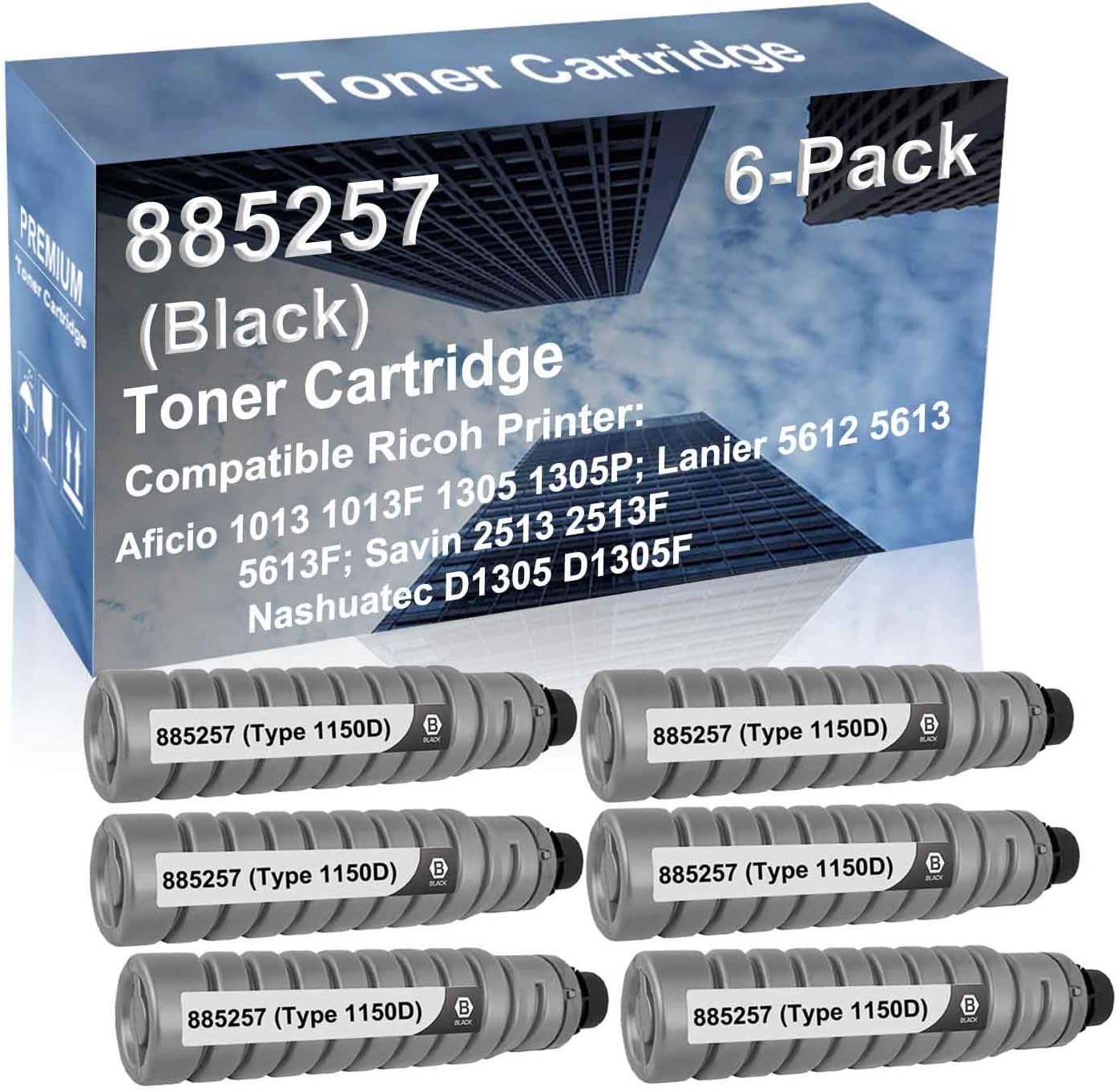 6-Pack Compatible High Yield 2513 2513F D1305 D1305F Printer Cartridge Replacement for Ricoh 885257 (Type 1150D) Toner Cartridge (Black)