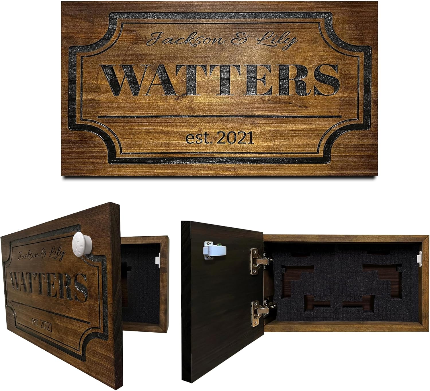 Bellewood Designs Customizable Hidden Gun Storage Wall Decor - Hidden Gun Safe with Family Name & Est Date - Magnetic Locking Concealment Shelf - Gun Concealment Furniture (Provincial)