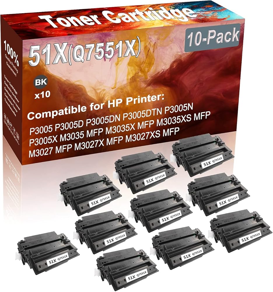 10-Pack (Black) Compatible High Yield 51X (Q7551X) Printer Cartridge use for HP P3005 P3005D P3005DN Printer