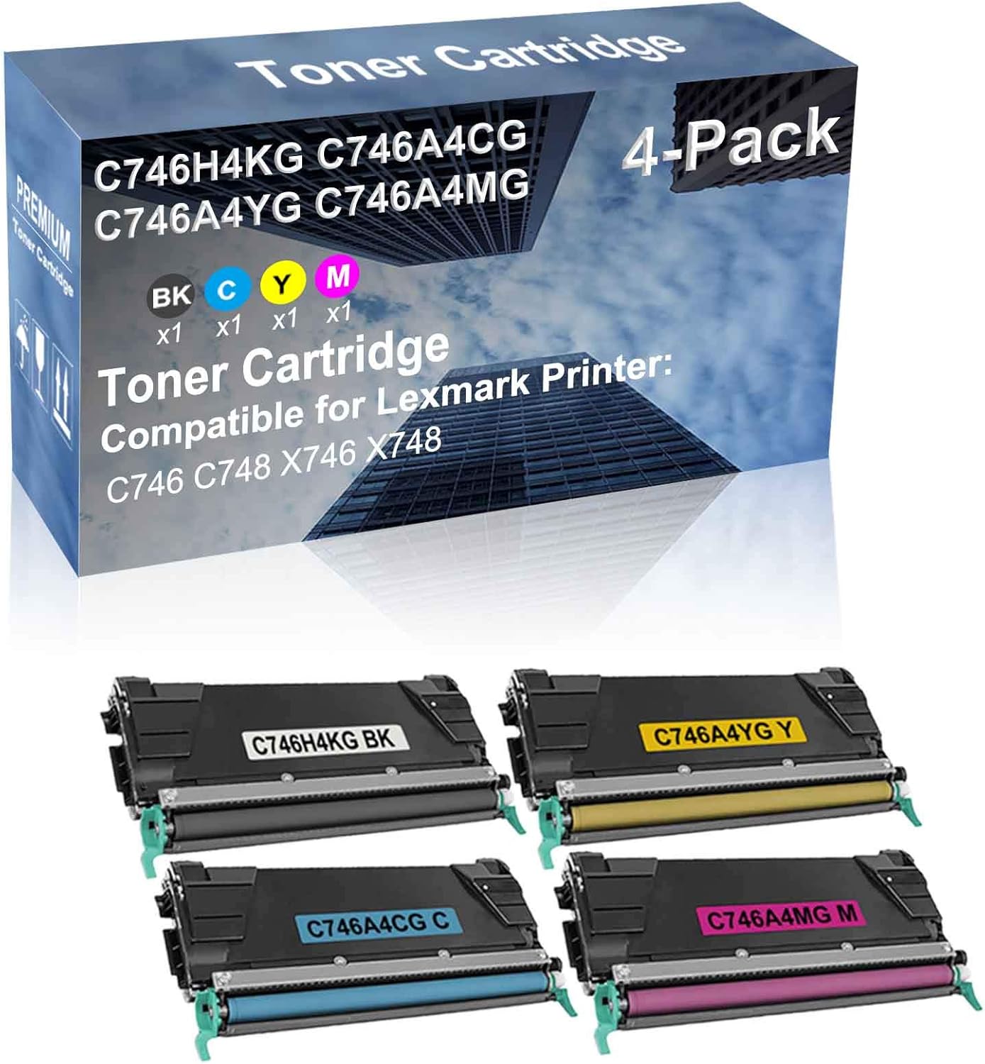 4-Pack (BK+C+Y+M) Compatible High Capacity C746H4KG+ C746A4CG+ C746A4YG+ C746A4MG Toner Cartridge Used for C746 C748 X746 X748 Printer