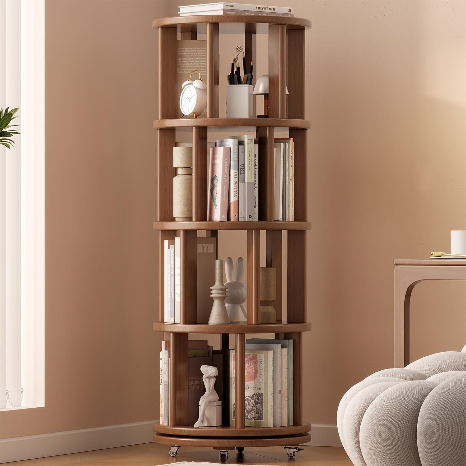 TIMBERKNOWS Solid Wood Rotating Bookshelf on Wheels, 6 Tier, Round Revolving Bookcase， for Small Space, Corner, Bedroom, Office, Walnut