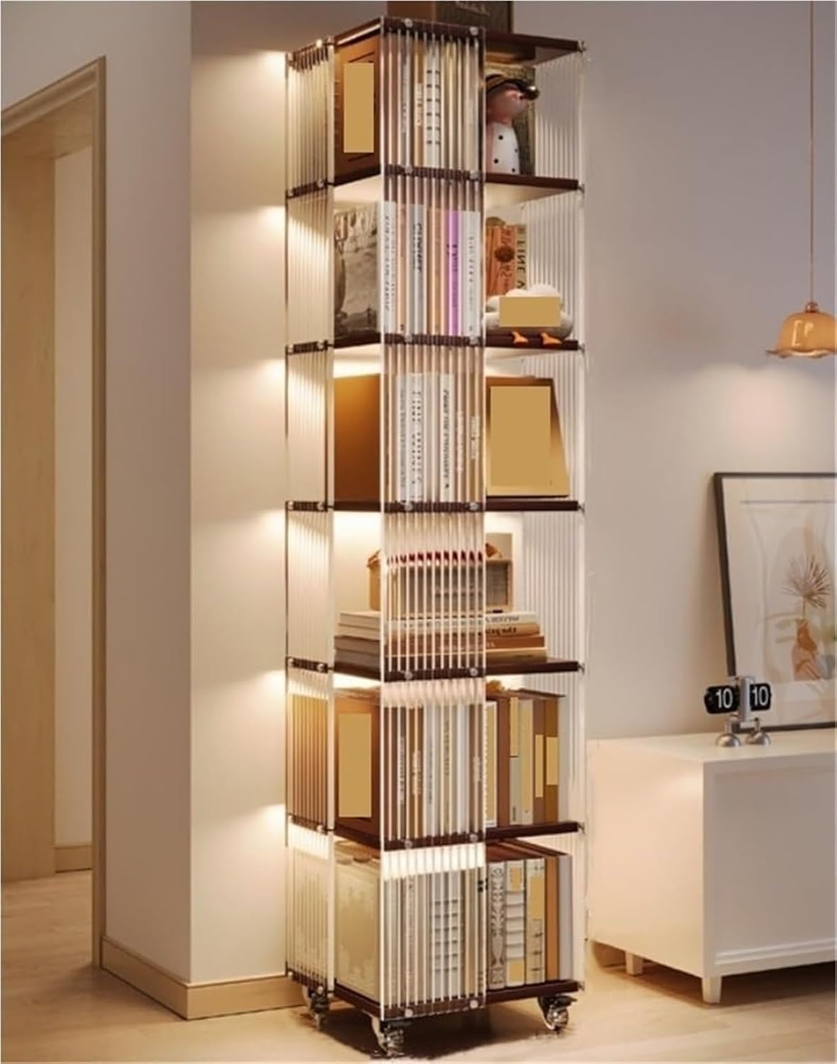 Movable Acrylic and Wood Multi - Layer Bookshelf with Wheels Movable Display Cabinet Rotating Bookcase for Living Room Study,Living Room