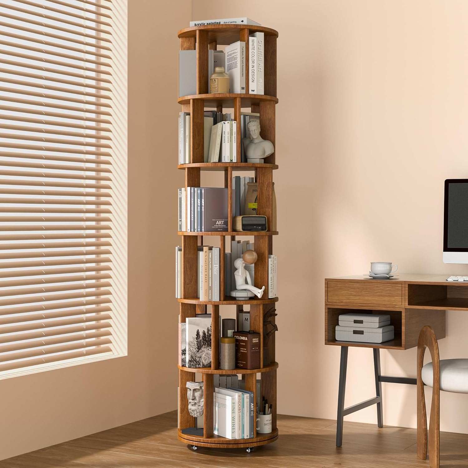 6 Tier Solid Wood Rotating Bookshelf on Wheels