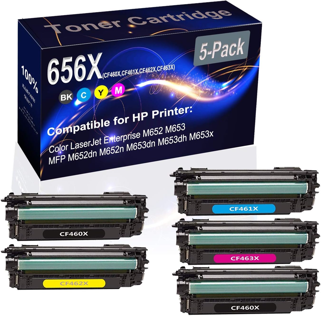 5-Pack (2BK+C+Y+M) Compatible High Yield 656X (CF460X CF461X CF462X CF463X) Printer Toner Cartridge use for HP M652 M653 Printers