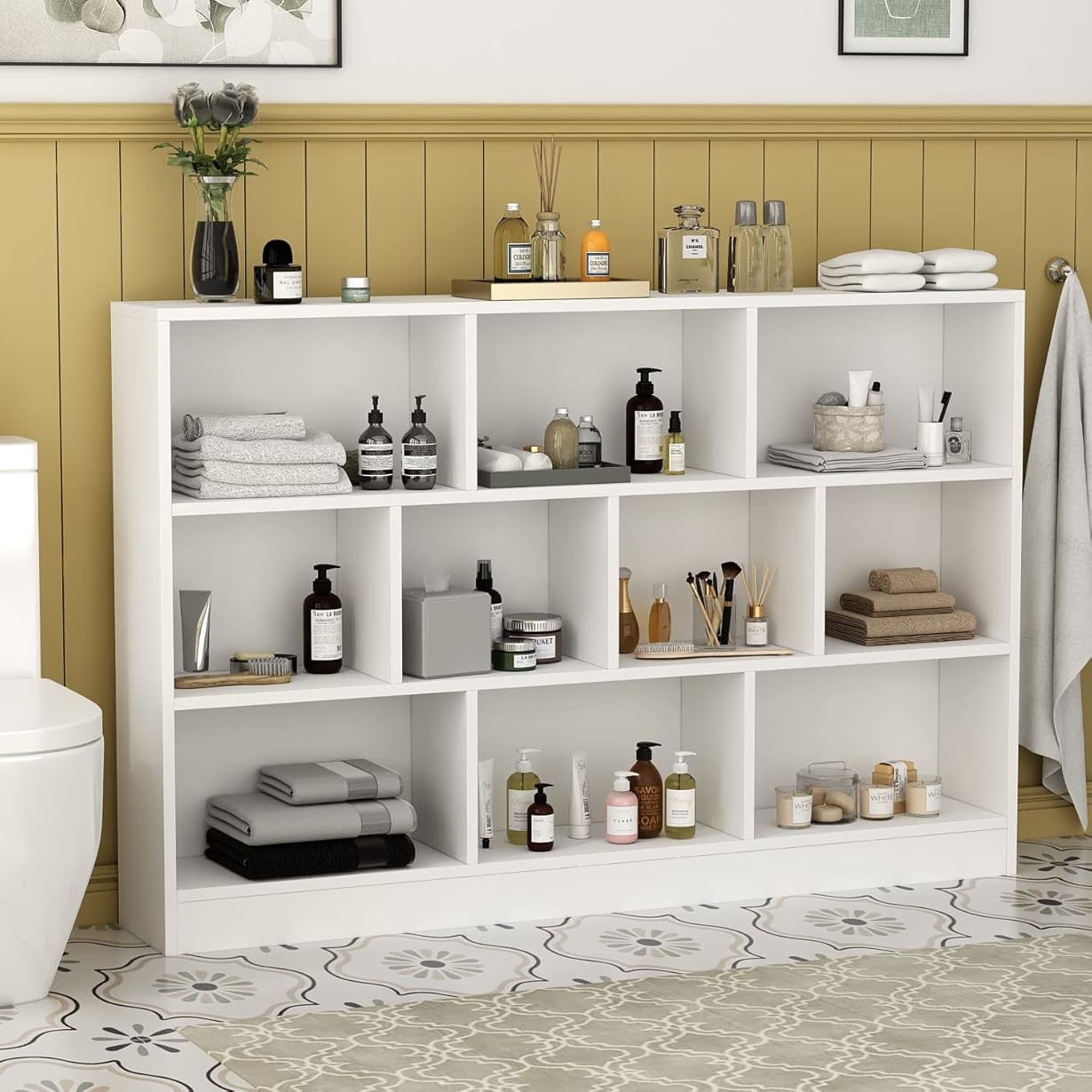 AGOTENI Bookcase 10 Cube Bookshelves, 3-Tier Wood Open Storage Organizer for Living Room Bedroom Home Office, White(55.1''W x 9.4''D x 40.9''H)