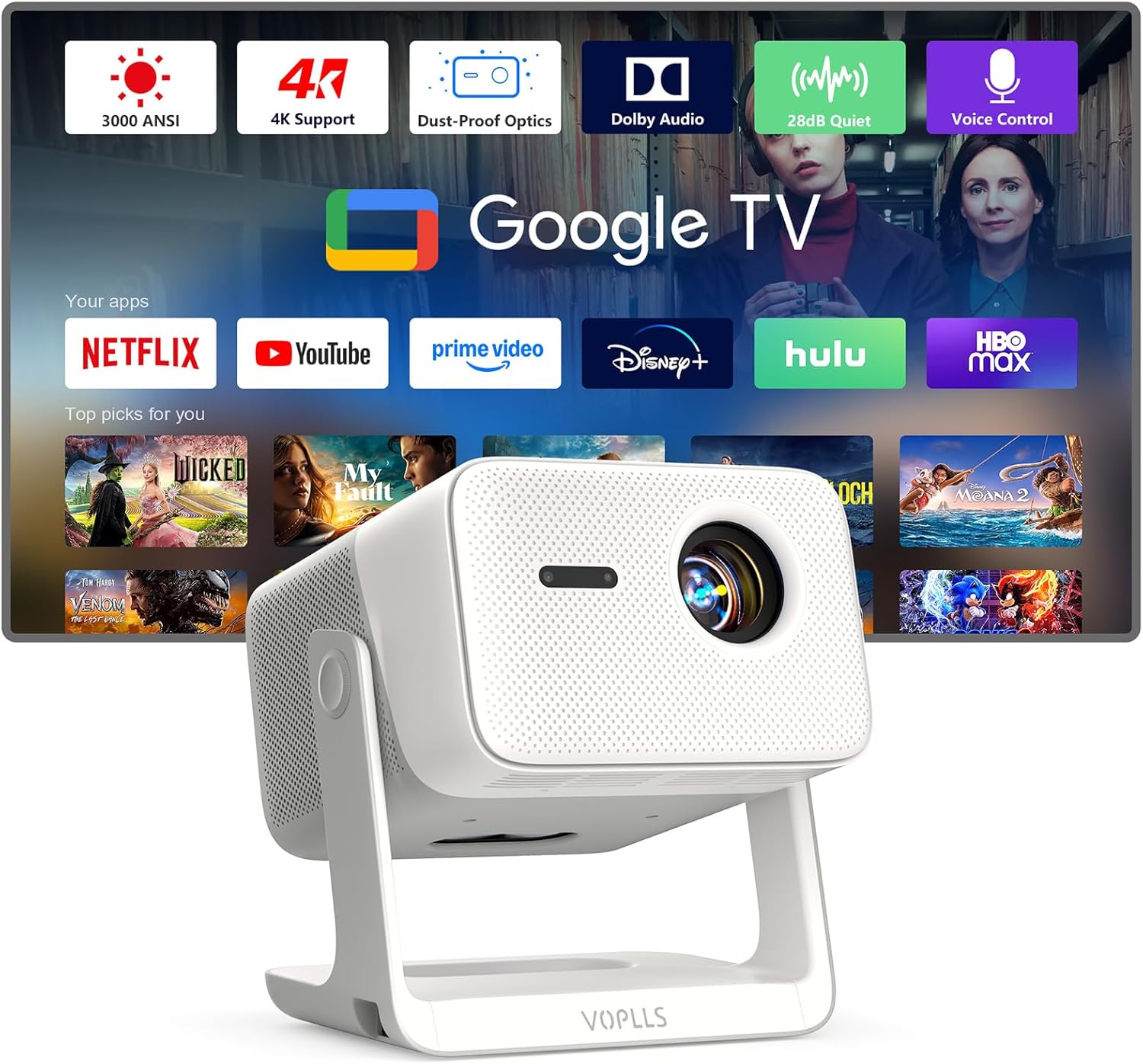 03000 ANSI Official Licensed Google TV 04K Smart Projector with WiFi and Bluetooth