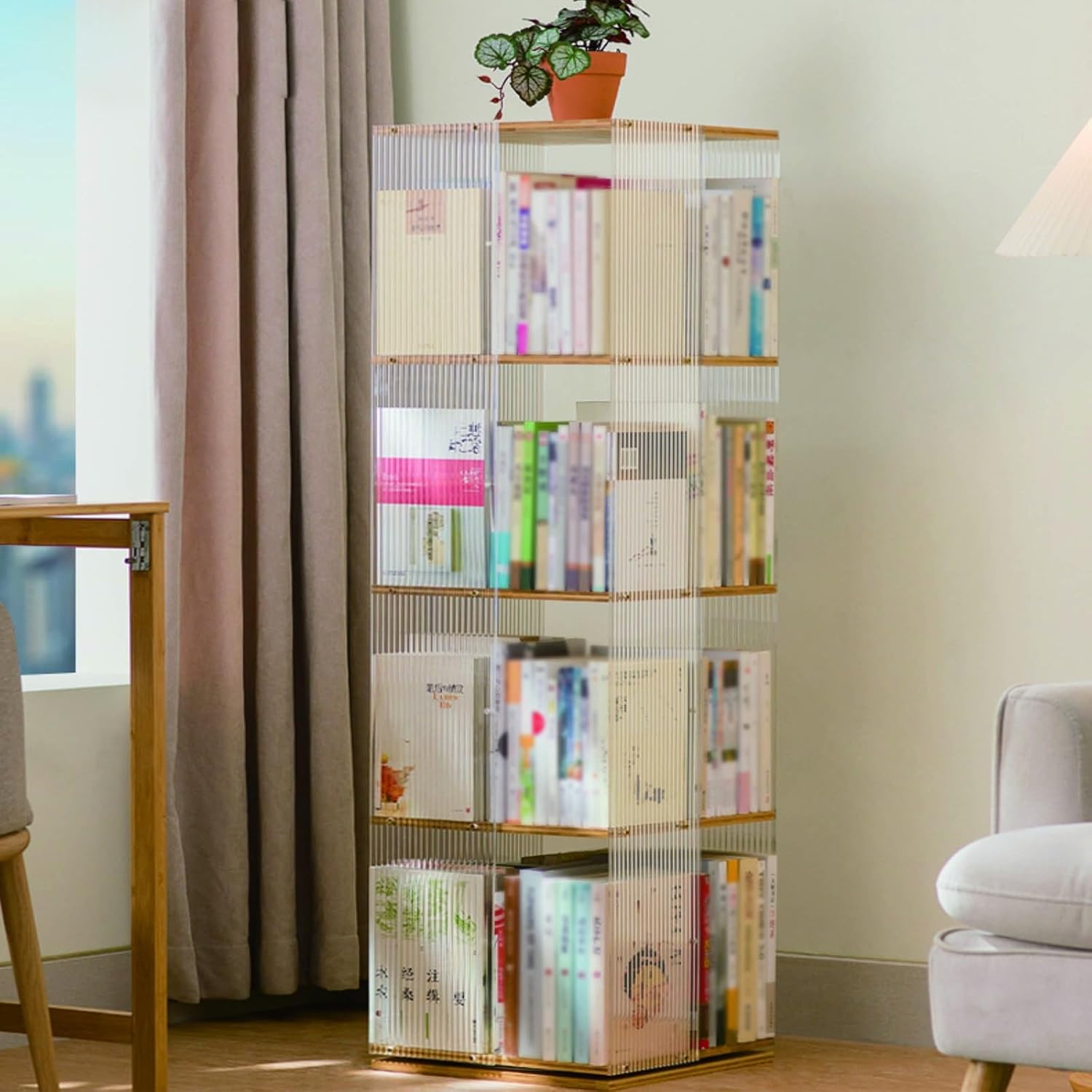 Zdlopteron 3-5 Tier Rotating Bookshelf, 360 Degree Revolving Bookcase,Spinning Bookshelf, Clear Acrylic and Wood Rotating Bookcase for Playroom, Bedroom and Living Room(Wood-A,4 Tier)