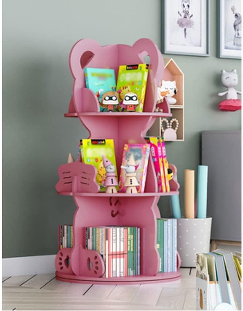 LSHAOBO Bookshelf Rotating Storage Display Cabinet, Children's Bookcase, Multi-Functional Bear-Shaped Shelf for Room(Color:Pink)