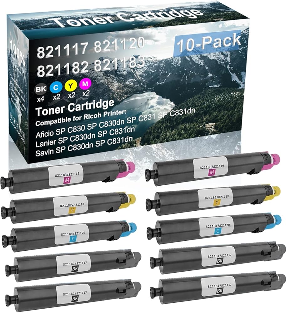 10 Pack (BK+C+Y+M) Compatible 821117 821181 | 821120 821184 | 821118 821182 | 821119 821183 Laser Printer Cartridge High Yield Use for Ricoh Aficio SP C830 SP C830dn SP C831 SP C831dn Printer