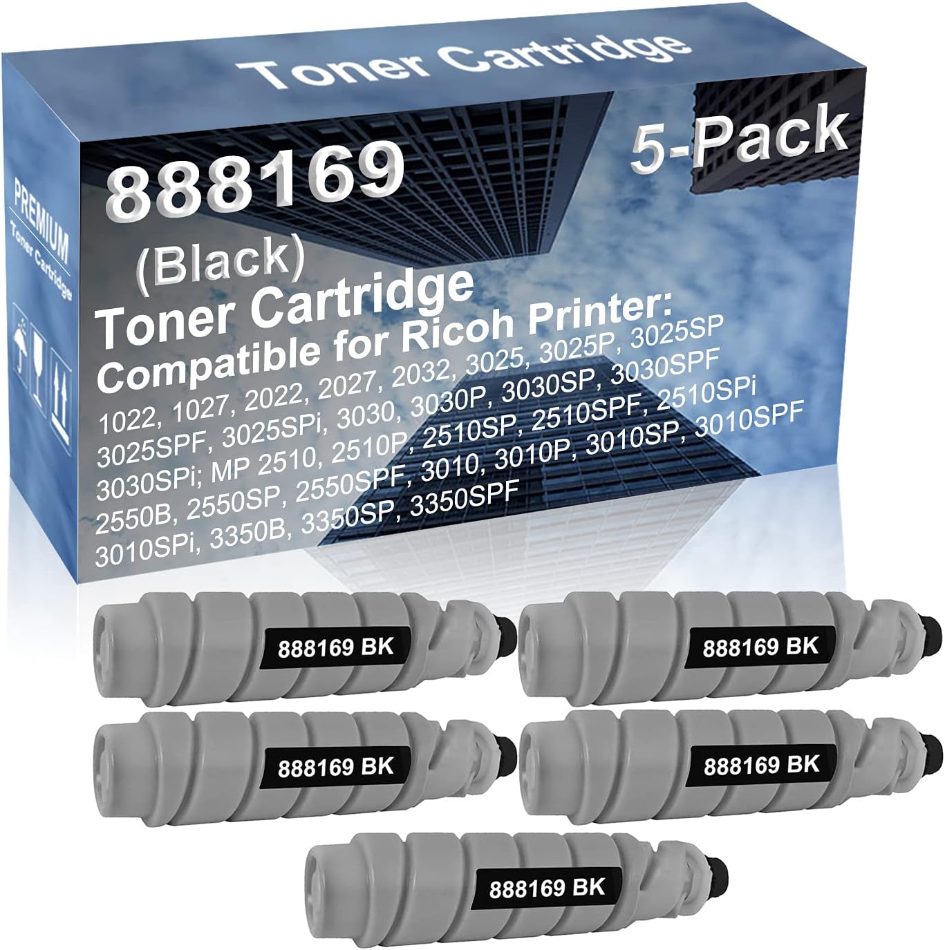 5-Pack Compatible High Capacity MP 2550SPF, 3010, 3010P, 3010SP, 3010SPF, 3010SPi, 3350B, 3350SP, 3350SPF Printer Toner Cartridge Replacement for Ricoh 888169 841337 Printer Cartridge (Black)