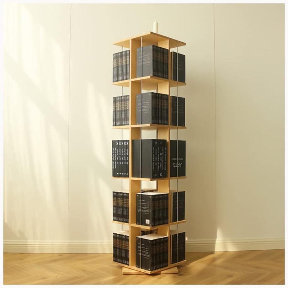 360 Degree Rotation 5 Tier Birch Bookshelf, Modern Simple Corner Bookcase, Home Office Library School Floor Bookshelf