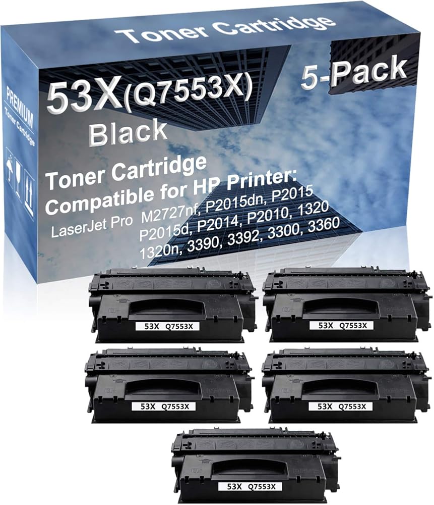 5-Pack Compatible High Capacity 3390 3392 3300 3360 Printer Toner Cartridge Replacement for (Q7553X) 53X Printer Cartridge (Black)