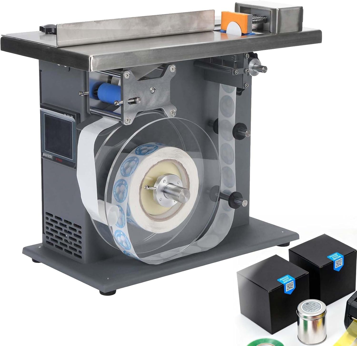 LYNNEYING 200W Semi-Automatic Right Angle Label Applicator, 15-30 PCS/Min, Touch Screen, Fiber Optic Recognition, Metal Body, for Pharmaceutical Boxes, ±0.5mm Accuracy, φ25-30mm Labels