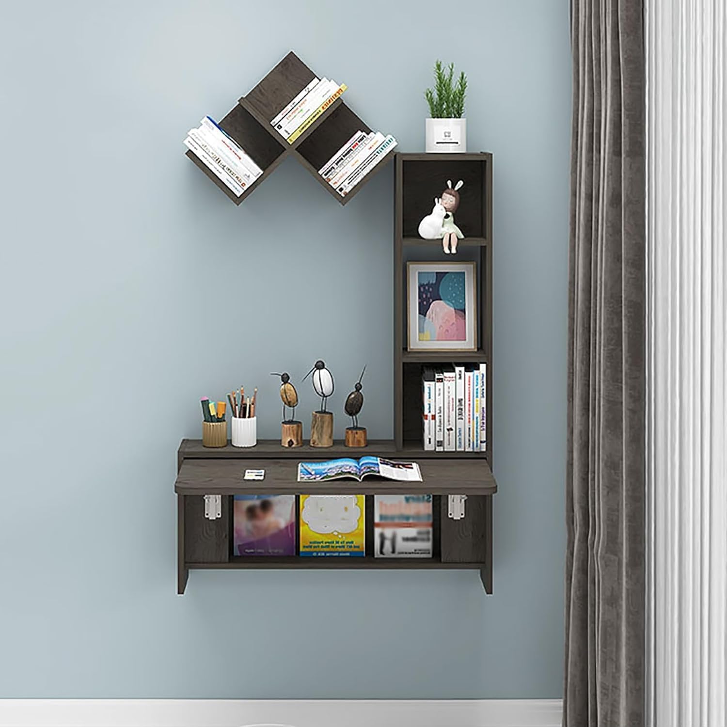 Ultra-thin wall-mounted suspended folding desk integrated solid wood suspended wall desk and bookcase the bookshelf can be combined in any way suitable for living room bedroom and other scenes ( Color