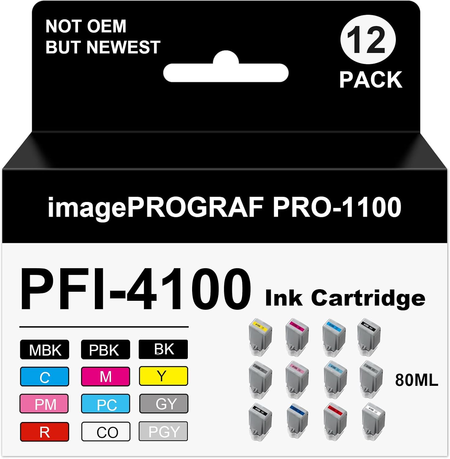 Eficazink PFI-4100 PFI4100 Ink Cartridge Pigment Ink Tank Bundle Compatible for ImagePROGRAF PRO-1100 Printer Ink (12 Pack, MBK/PBK/C/M/Y/R/GY/B/PGY/PC/PM/CO) 80ML
