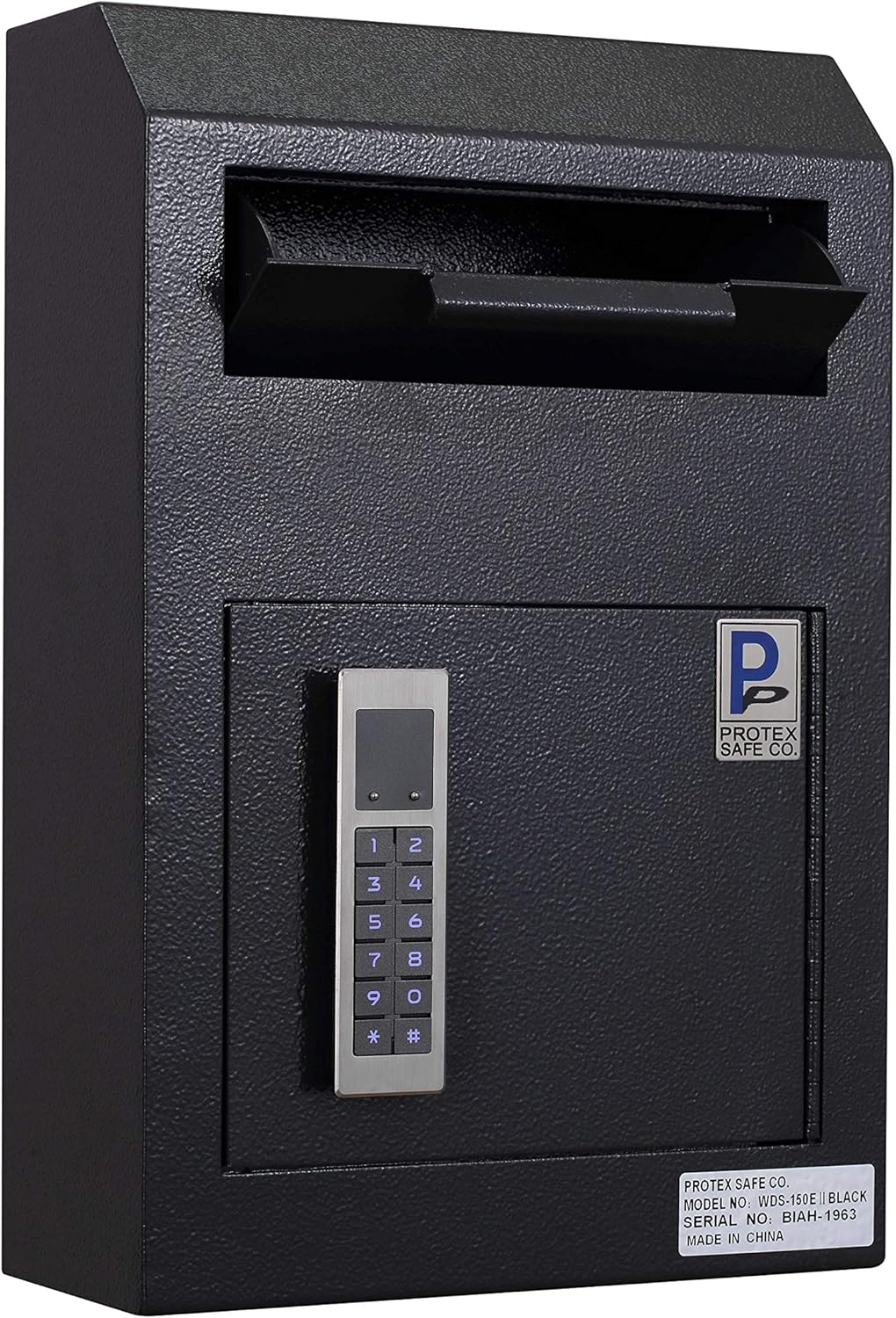 ProtexSafe Wall Mount Drop Box(WDS-150E II), Piano hinge, secure suggestions, ballots, keys, mail, money, rent checks and more, Metal baffle to protect slot, electronic lock, Black