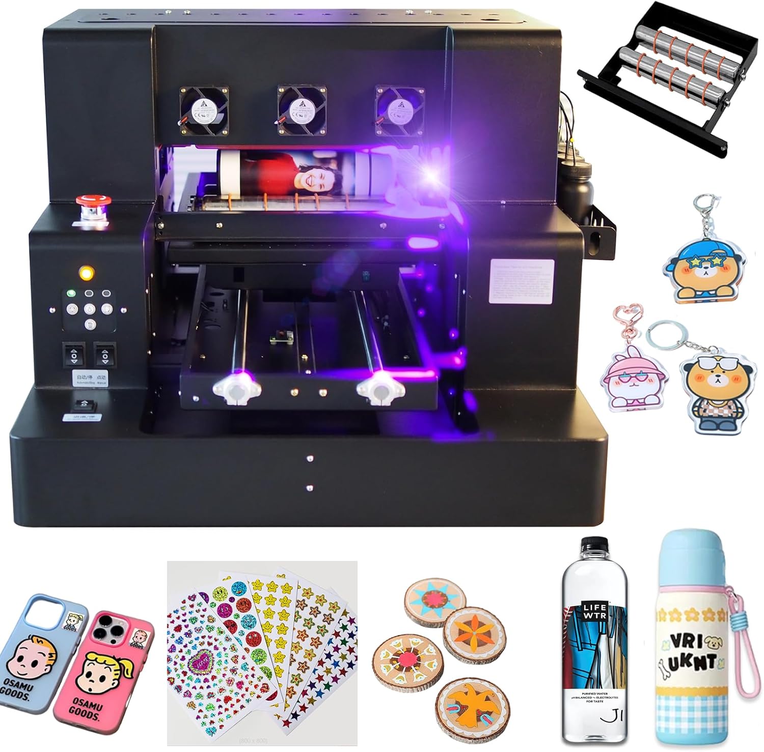 UV Printer, A3 XP600 UV DTF Printer, Super Fast Speed, 5760 * 1440dpi, UV Flatbed Printers Machine with Bottle Holder for Bottles Wood Stickers Acrylic Phone Cases Leather Metal Glass and More