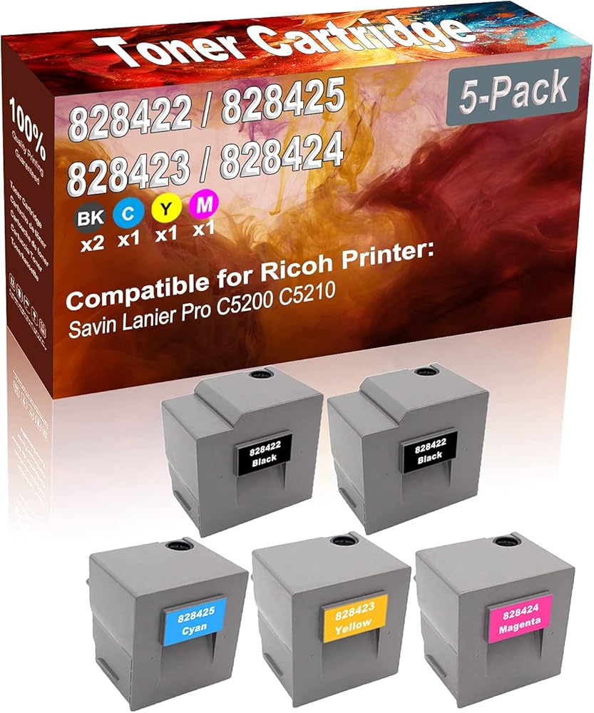 Credibility Store 5-Pack (2BK+C+Y+M) Compatible Savin Lanier Pro C5200 C5210 Laser Printer Toner Cartridge (High Capacity) Replacement for Ricoh 828422 828425 828423 828424 Printer Toner Cartridge