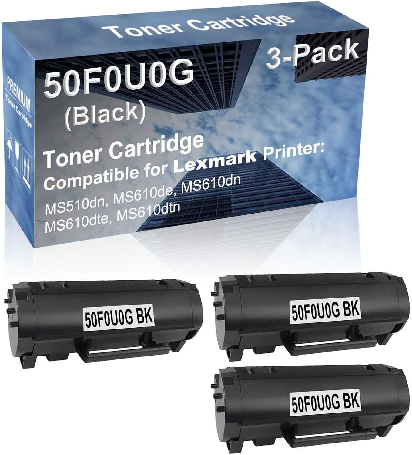 3-Pack Compatible High Capacity 50F0U0G (500UG) Printer Cartridge use for MS510dn, MS610de, MS610dn, MS610dte, MS610dtn Printer (Black)