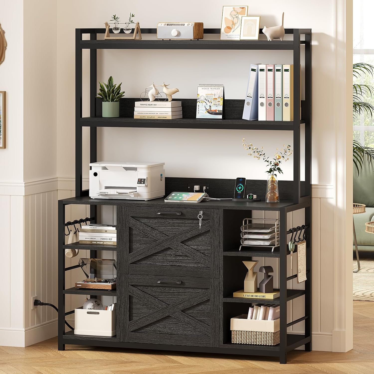 SEDETA File Cabinet with Charging Station, Vertical Filing Cabinet with Lock for Home Office, Printer Stand with Open Storage Shelf, Fits Legal/Letter/A4 Size, Black