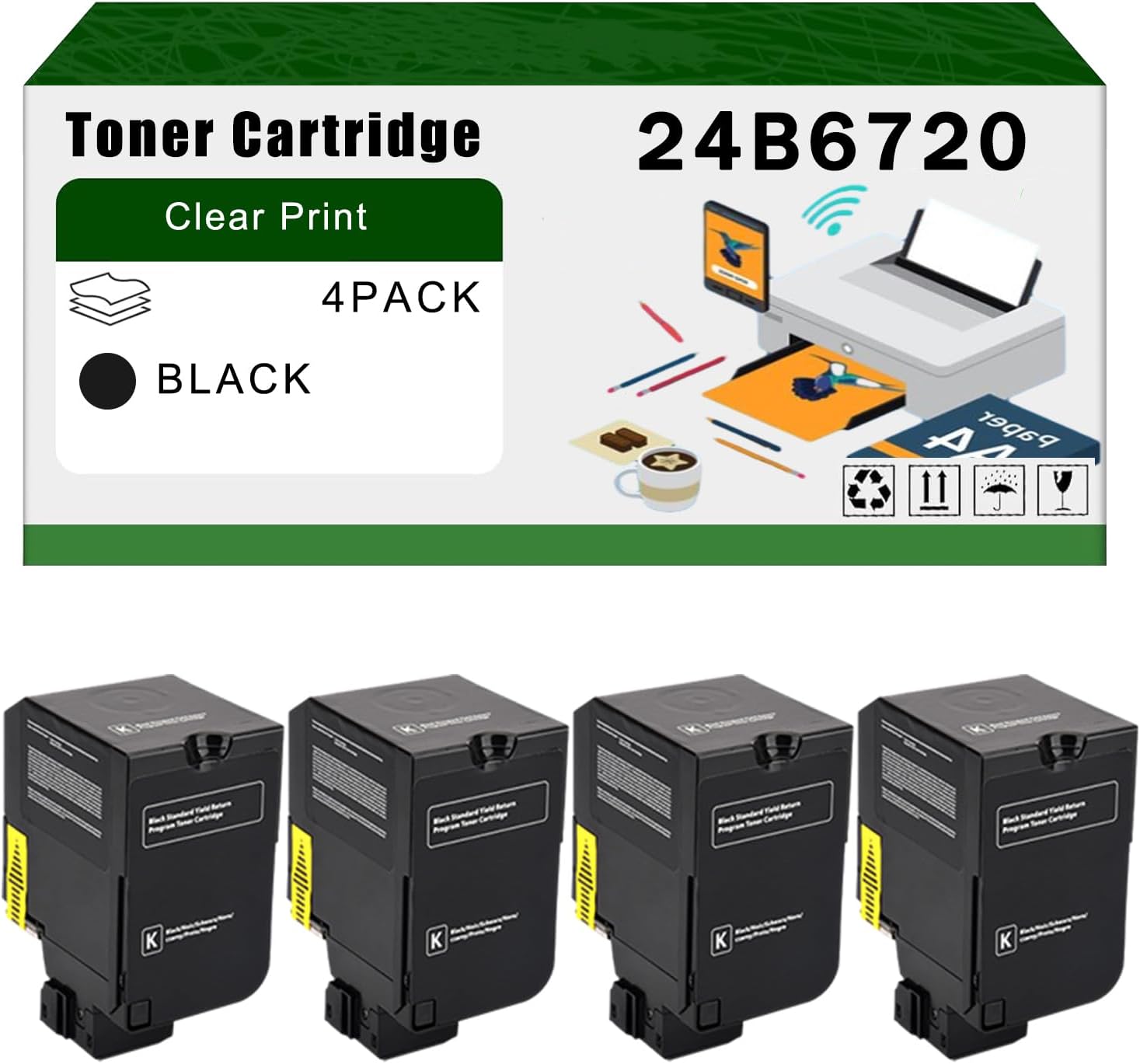 Compatible for Lexmark 24B6720 Toner Cartridge XC4140 XC4143 XC4150 XC4153 Printers, High Yield 30000 Pages Bright Clear Colors (4 Pack Black)