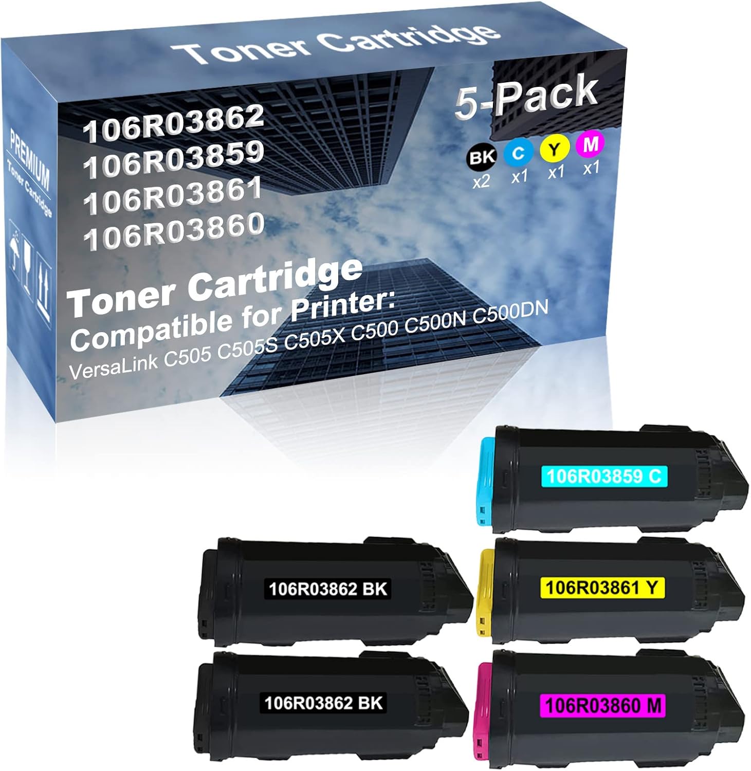 5-Pack (2BK+C+Y+M) Compatible High Capacity 106R03862+ 106R03859+ 106R03861+ 106R03860 Toner Cartridge Used for VersaLink C505 C505S Printer