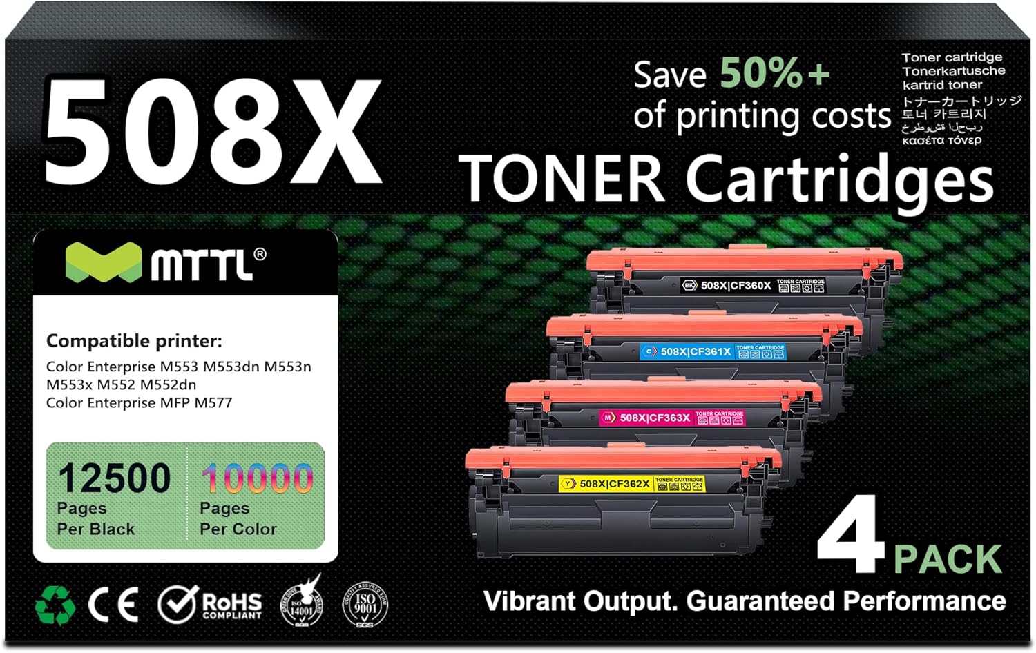 508X Toner Cartridge Set 4-Pack High Yield Replacement for HP 508X 508A CF360X CF361X CF362X CF363X Toner for M553 M553dn M553n M553x M552 Printer (Black Cyan Magenta Yellow)