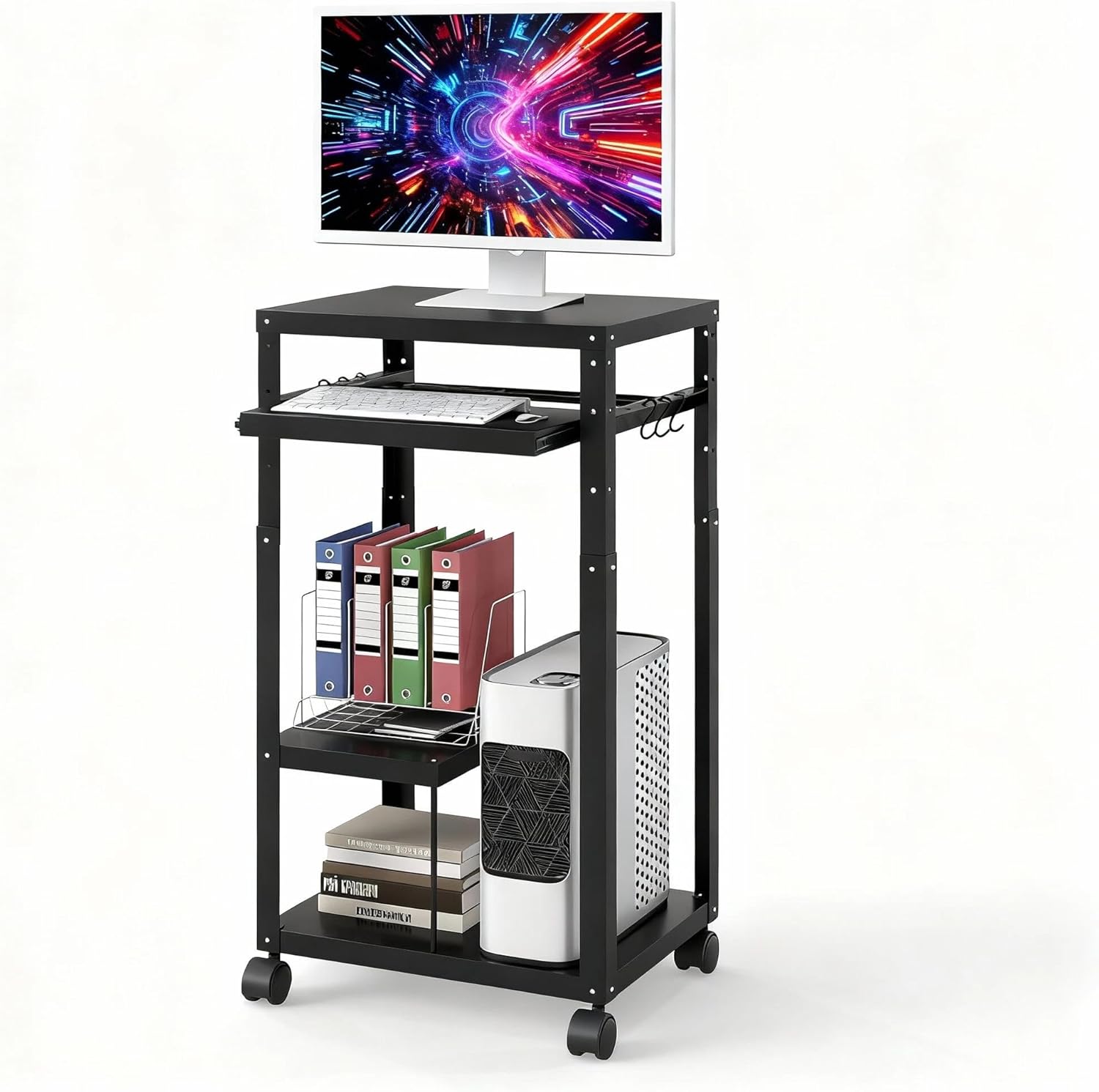 tonchean AV Presentation Cart for Video Projector Laptop Computer Printers with Keyboard Tray,AV Cart with Adjustable Shelves,6 Hooks, 4 Wheels, partitioned Shelves,Media Cart for Classroom Office