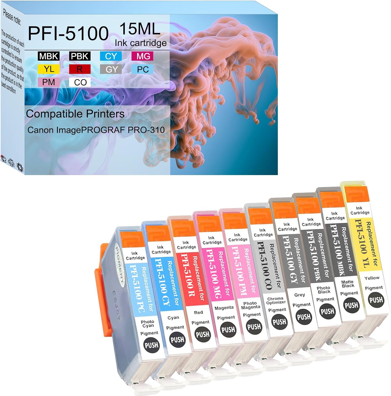 AOTMENDI PFI5100 Compatible Ink Cartridge Replacement for Canon PFI-5100 Ink Tank for Canon imagePROGRAF PRO-310 Printer (10-Pack, MBK, PBK, C, M, Y, R, GY, PC, PM, CO)