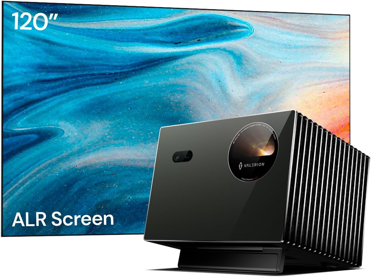Valerion VisionMaster Pro2 Triple Laser Projector with 120-inch Fresnel ALR Projector Screen