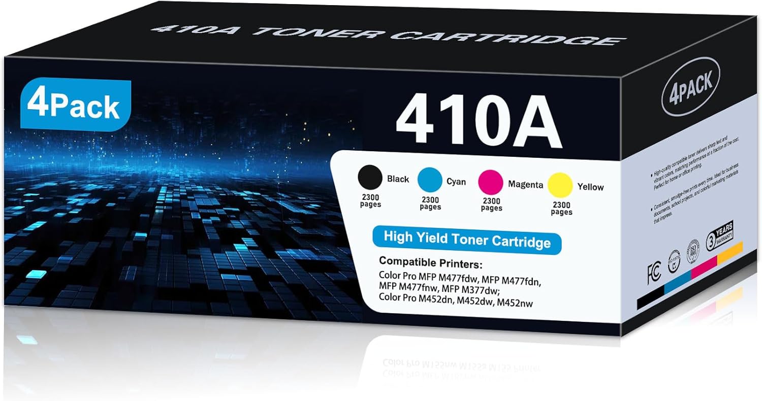 Cmoqtiv 410A Toner Cartridges (4-Pack, BK/C/M/Y) Replacement for HP 410A 410X Toner Cartridge CF410AQ |Work for Color Laser Pro MFP M477fdw M477fdn M477fnw M377dw Pro M452dn M452dw M452nw Printer