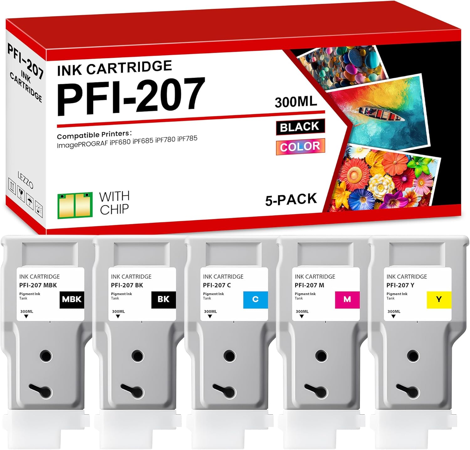 PFI-207 Ink Tank 300ml 5-Pack Replacement for Canon PFI-207MBK PFI-207BK PFI-207C PFI-207M PFI-207Y Ink for imagePROGRAF IPF680 IPF685 IPF780 IPF785 Printer (Matte Black, Black Cyan Magenta Yellow)