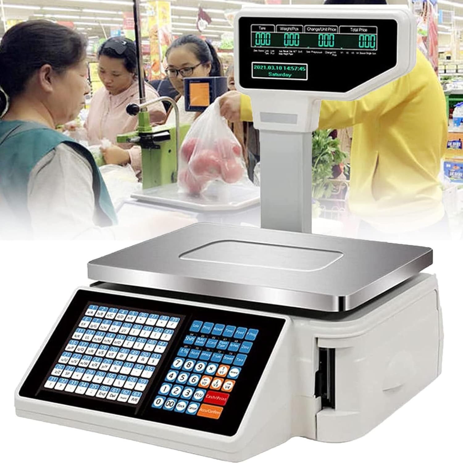 Electronic Weight Calculator Barcode Scales, Label Printing Scales, Digital Barcode Weighing Scales with Label, 63 Shortcut Keys, 30kg/66.14 lbs Capacity, for Supermarket Trade
