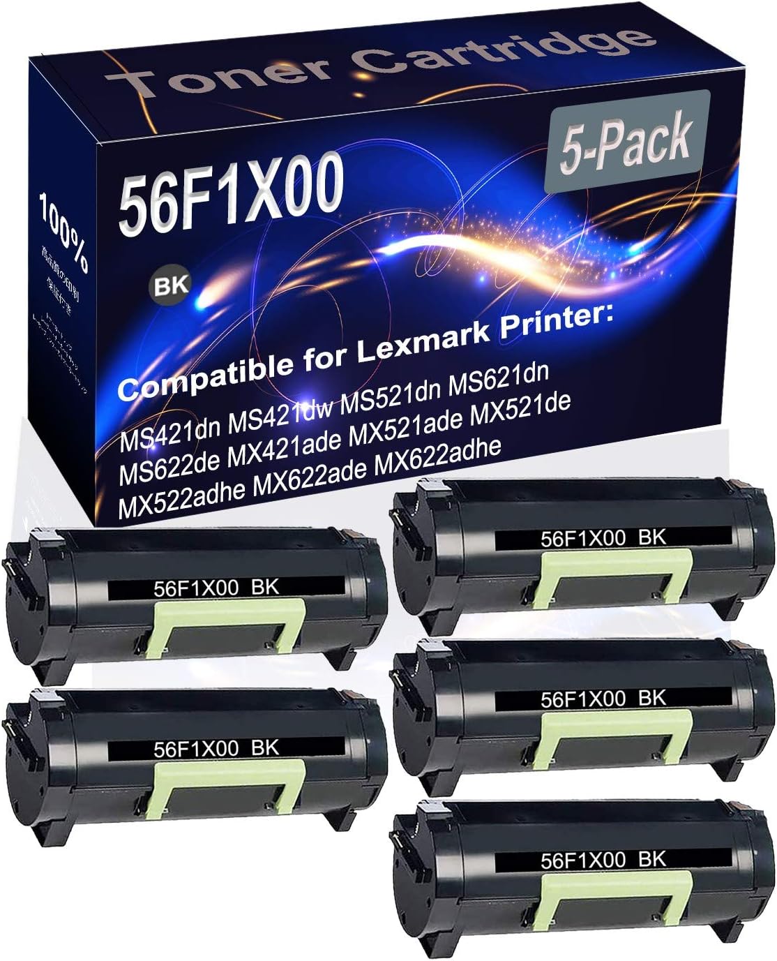 Kolasels 5-Pack (Black) Compatible High Yield 56F1X00 Printer Cartridge use for MS421dn MS421dw MS521dn MS621dn MS622de MX421ade MX521ade Printer