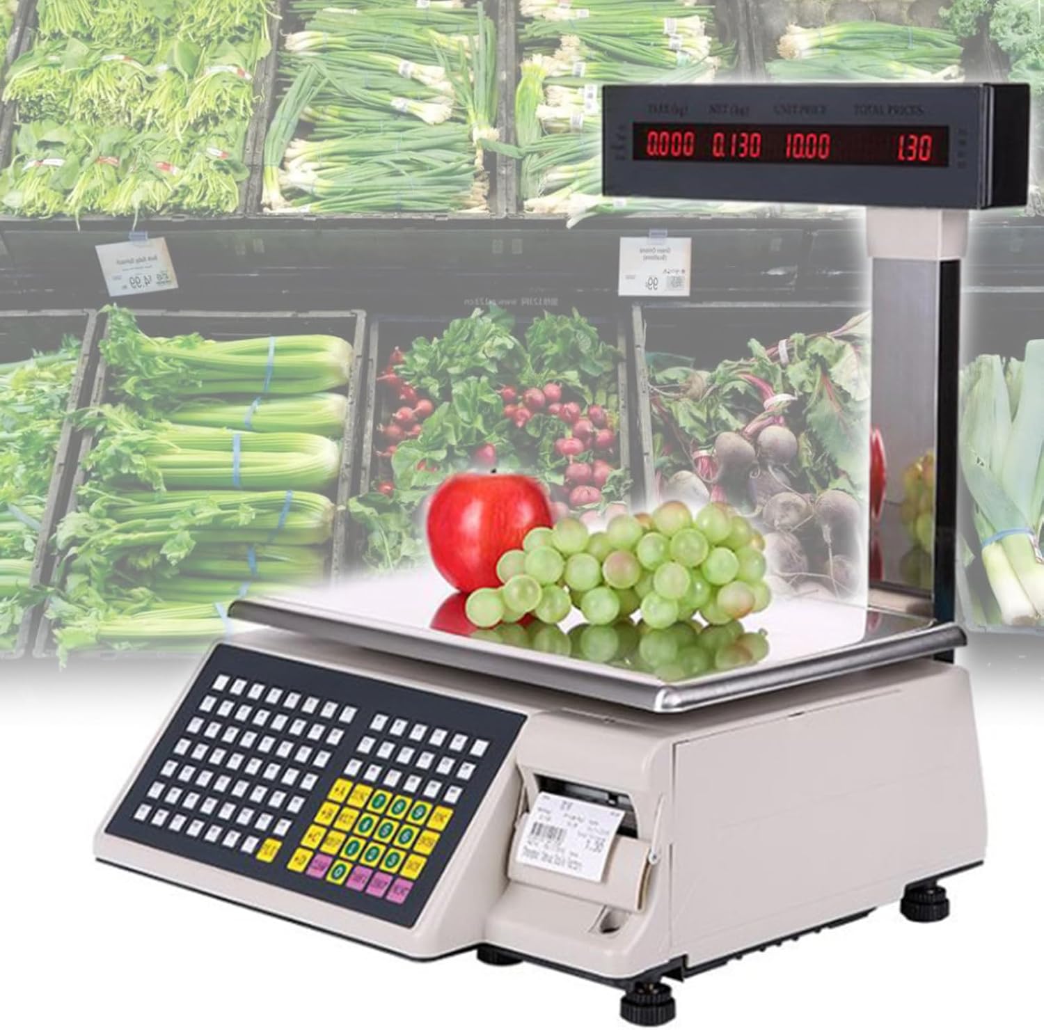 XQZMZSCP Label Printing Scale,Commercial Weight Calculator Barcode Scales,Double Sided Display,71 Shortcut Keys,for Food Retail Store,Supermarket (15kg)