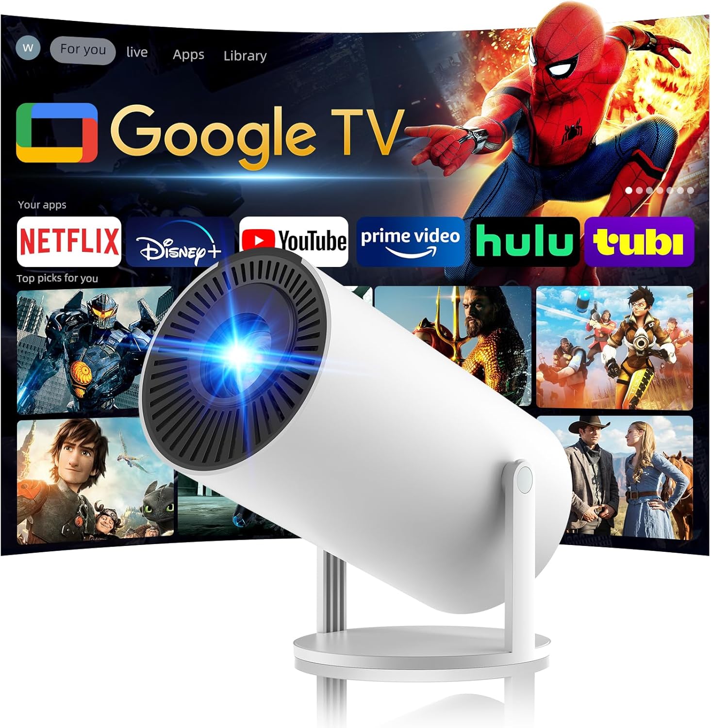 [320ANSI/Google Store/Voice Control] Smart Projector with WiFi and Bluetooth, 10,000+ Apps, Pericat 4K UHD Home Theater Portable Mini Movie Projector, Indoor & Outdoor Use [180° & Netflix-Compatible]