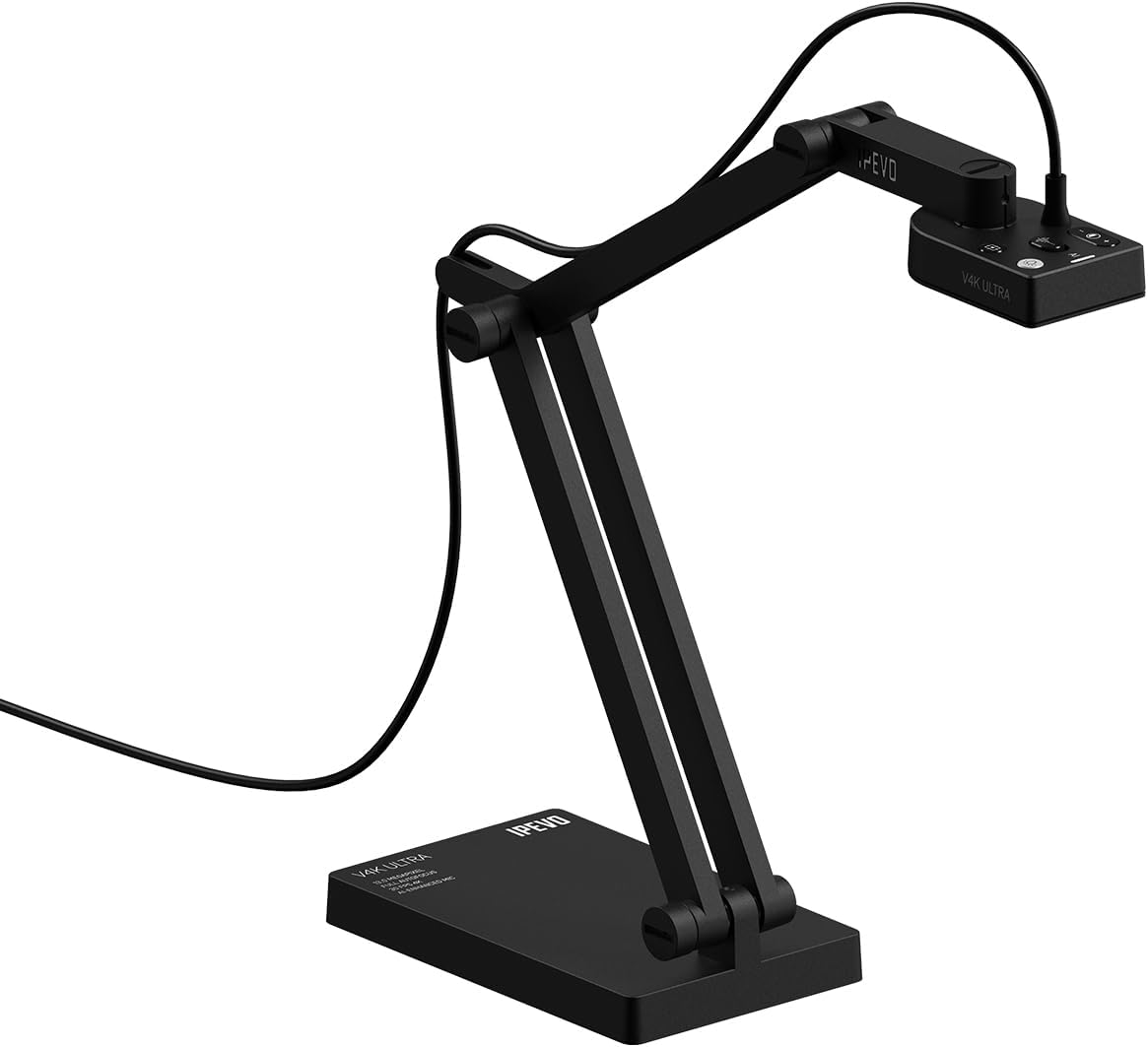 IPEVO V4K-13MP Ultra USB Document Camera, 4K Ultra HD Resolution, Auto-Focus, High-Definition Imaging, Plug and Play. On-The-Go, for Teaching, Visualization, Online Learning, and Web conferencing