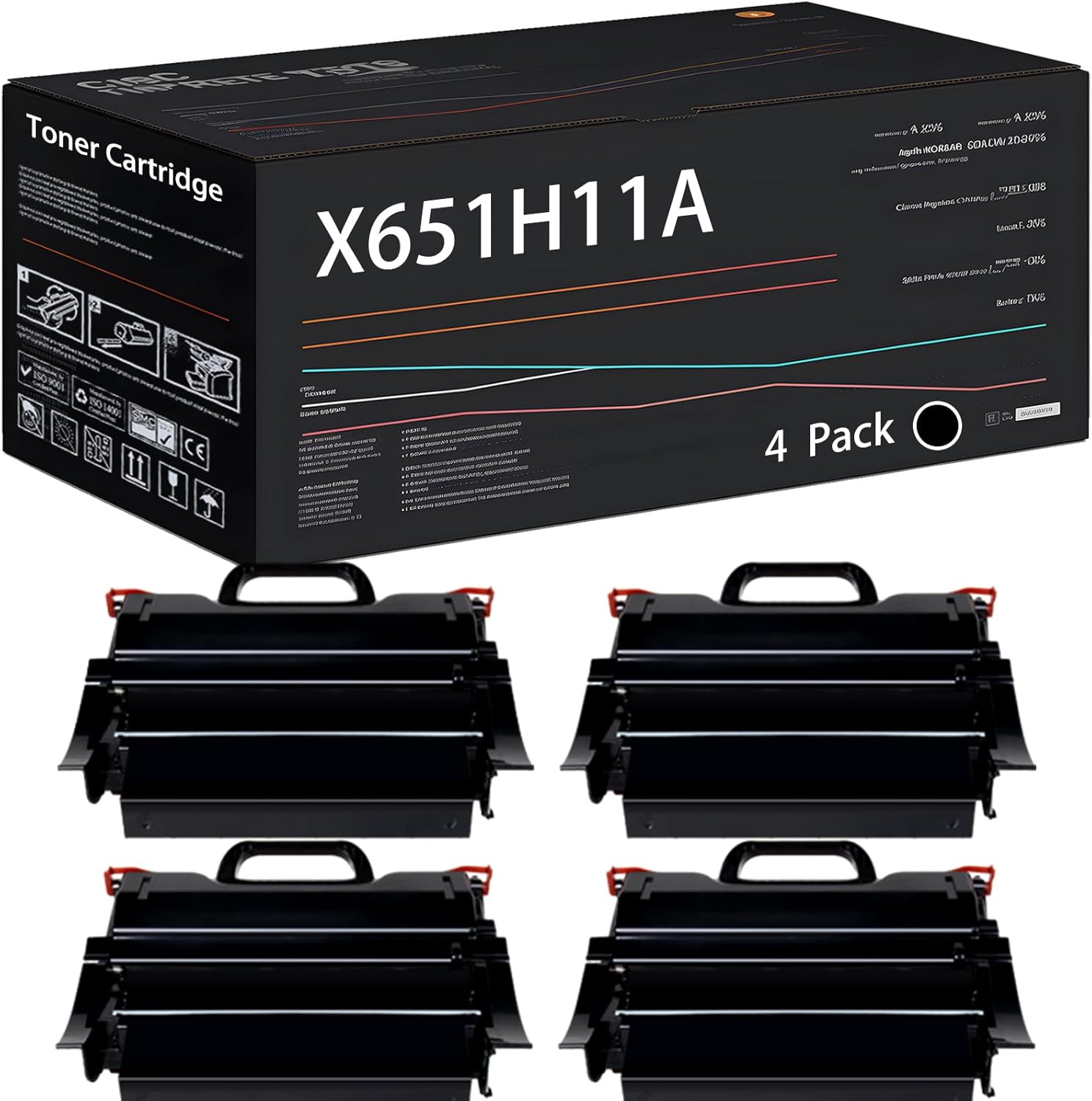 UVUMB X651H11A Toner Cartridge Compatible for Lexmark X651de X654de X658de Printers, with Chip, High Yield 25000 Pages, High-Definition Printing (4 Pack Black)