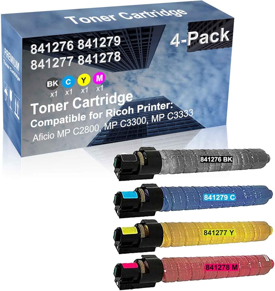 4-Pack (BK+C+Y+M) Compatible High Capacity 841276 841279 841277 841278 Toner Cartridge Used for Ricoh Aficio MP C2800, MP C3300, MP C3333 Printer