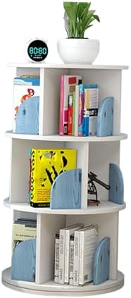 Mobile Storage Rack Freestanding Display Rack Tool Pegboard Garage,360° Rotating Bookshelf 3 Tier Kids CD Storage Rack Round Bookcase for Bedroom & Library Space Saving Revolving (Blue 40x40