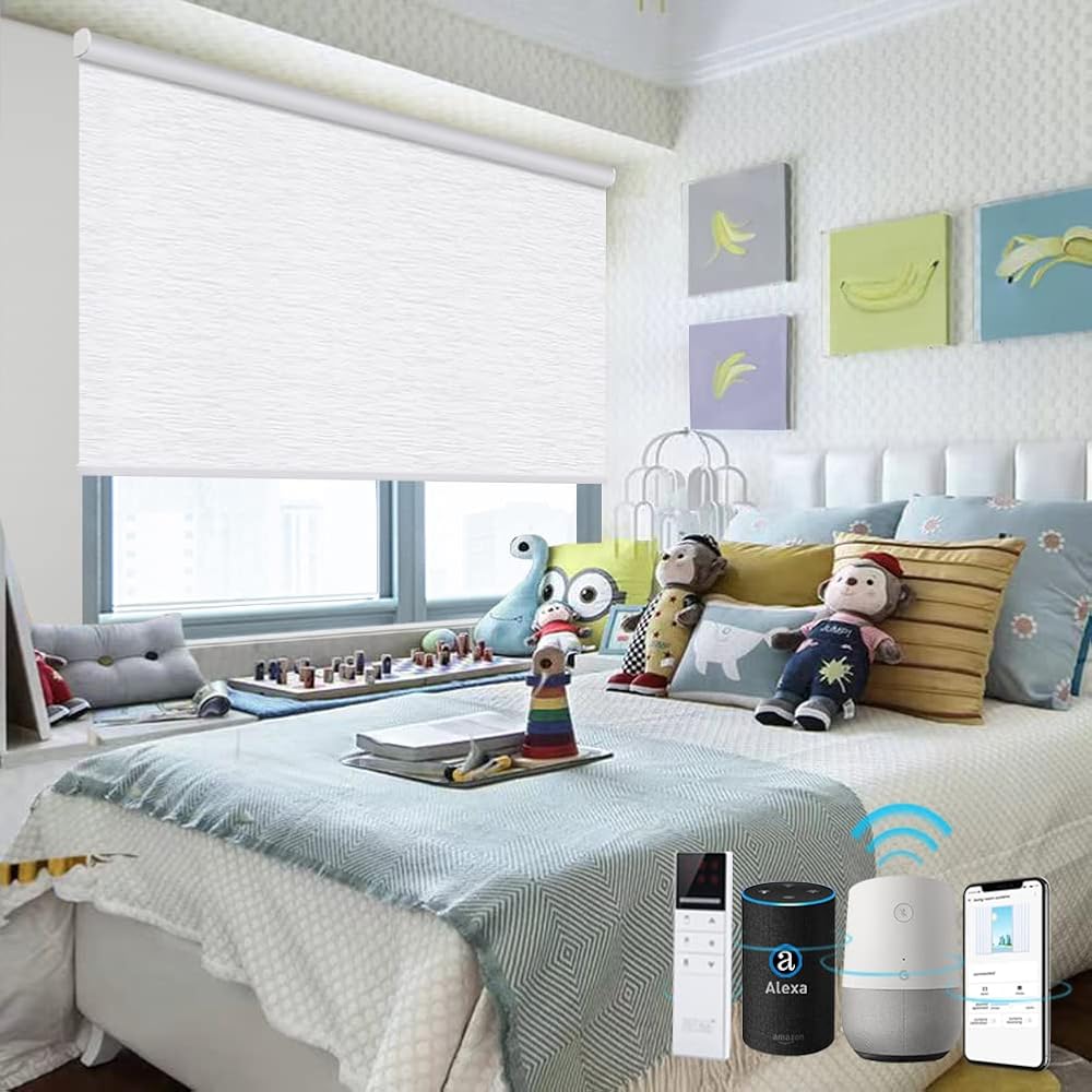 TIPIACE Rechargeable Motorized Blinds Compatible with Alexa Google Home via Hub Remote Control Full blackout Fabric Window Shades for Office Home (Ramie White)