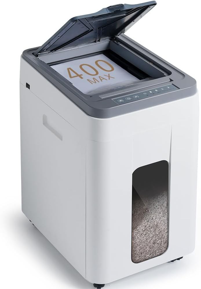 Effeluviate Heavy Duty Paper Shredder: 400 Sheets Auto Feed - Micro Cut P5 Security - Jam Proof Document Shred Machine - 13.2 Gallon Pullout Basket with Wheels for Home/Office/Commercial Use