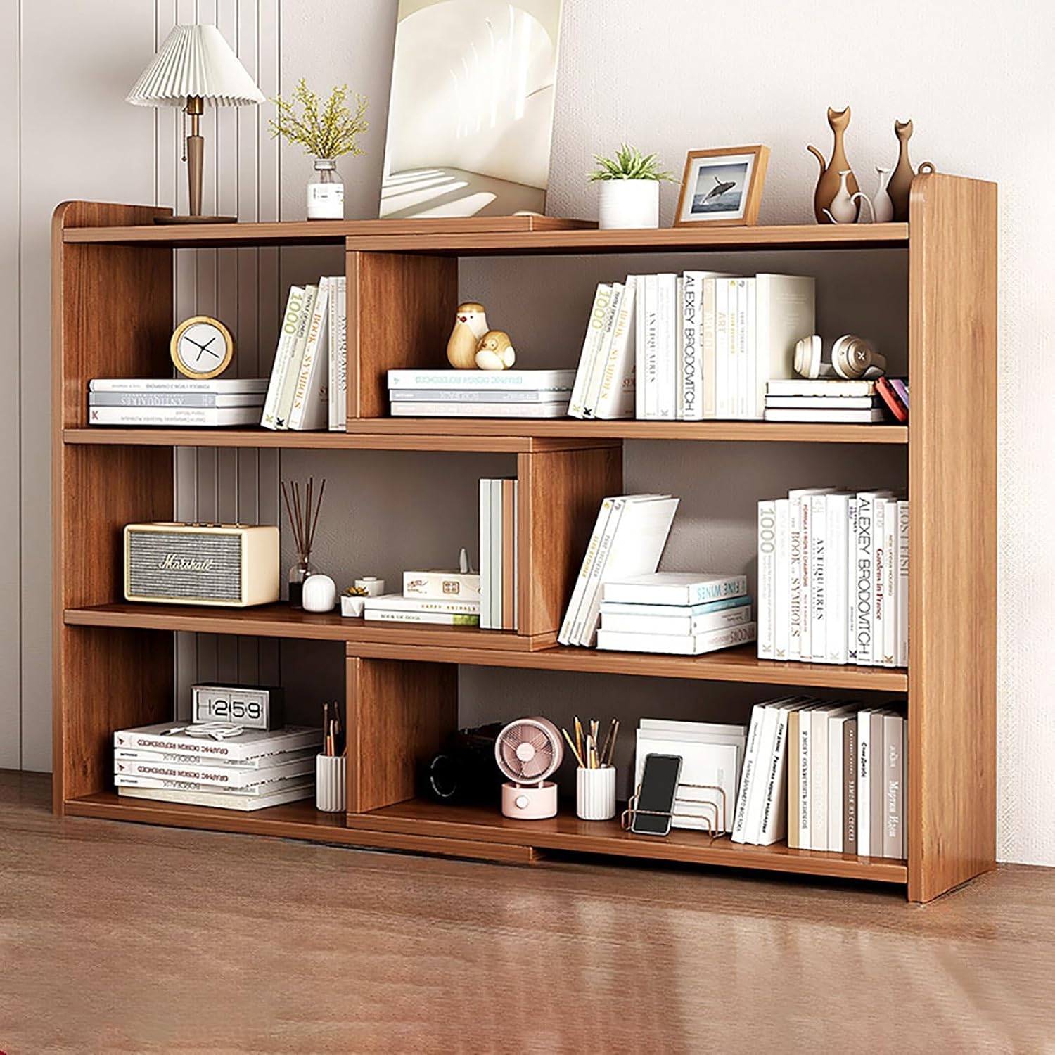 Aeovot Expandable Wood Desktop Bookshelf Organizer Office Storage Rack - Free Style Display Stand Shelf Office Supplies Storage Shelf, Modern Freestanding Bookcase for Small Space or Corner